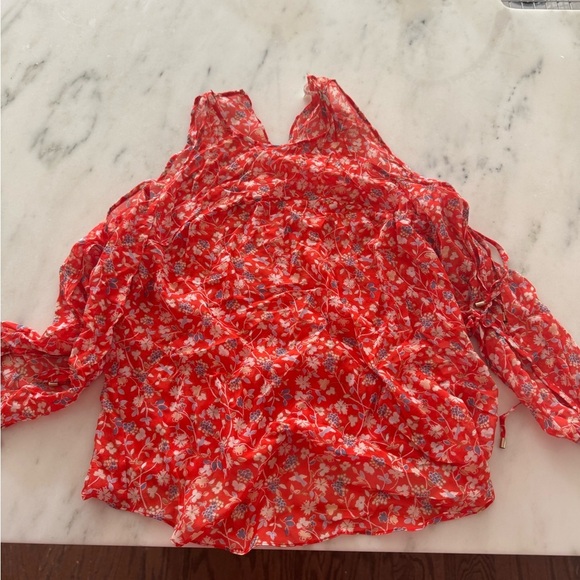 Veronica Beard- Red Floral Flynn Bow Longsleeve Cutout Silk Blouse Top - Picture 7 of 7